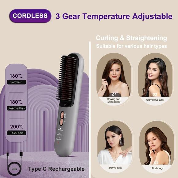 Cordless Hair Straightener Brush,Upgraded Portable Hair Straightener Brush for W - Picture 5 of 5